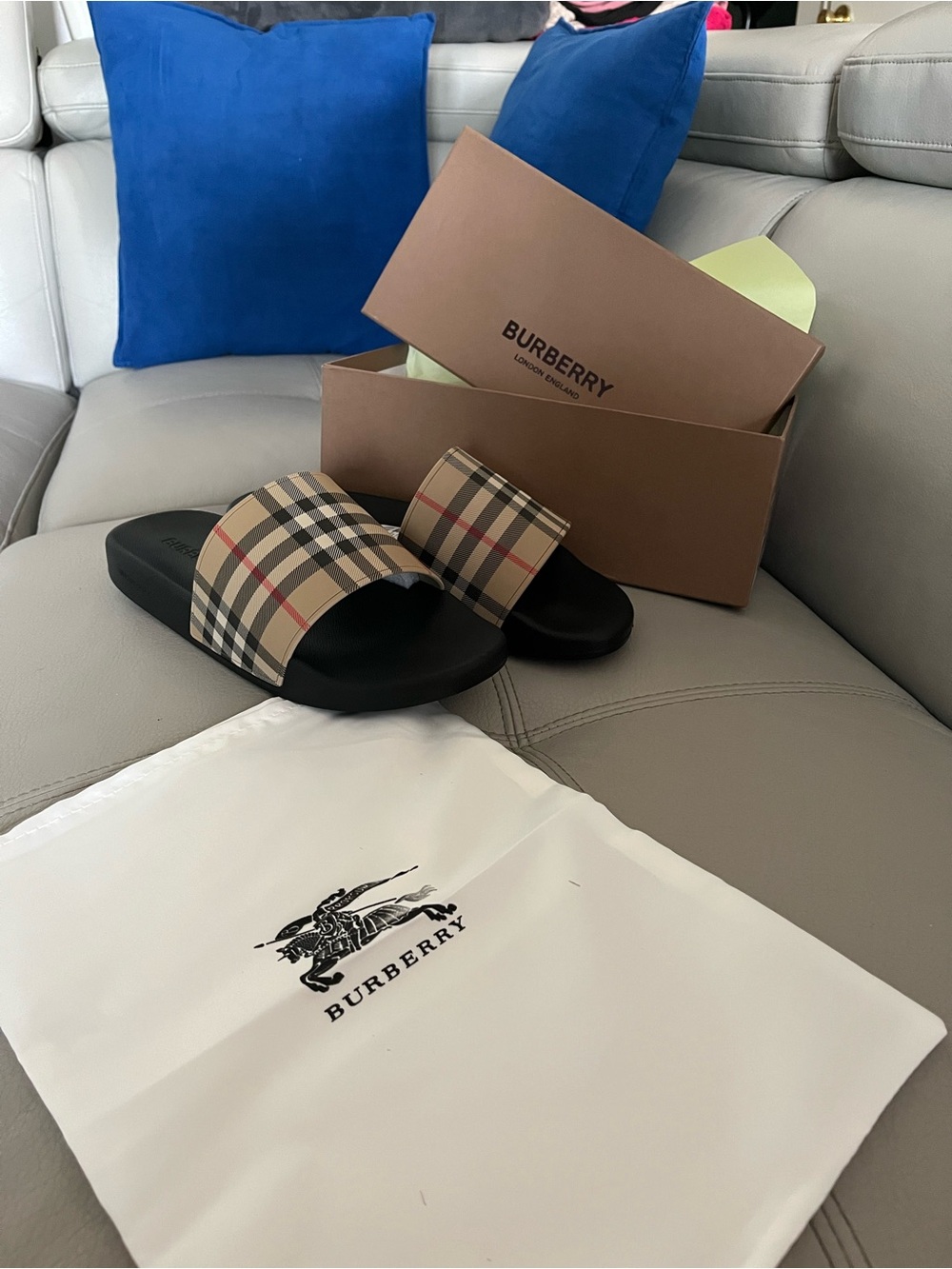 Burberry Men’s Black Footbed Beige Nova Check Slide Sandals